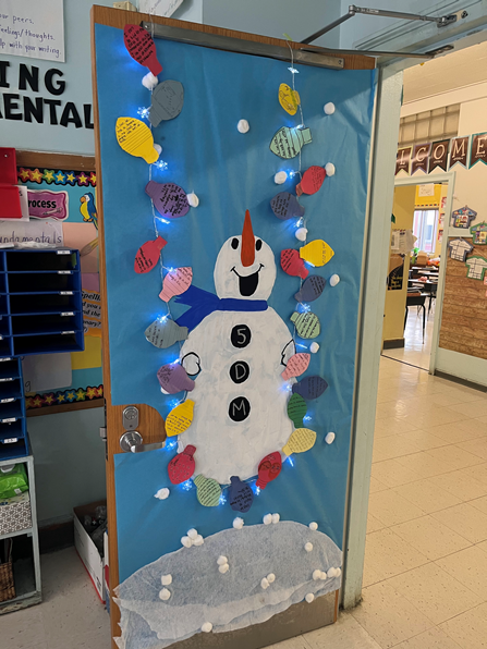 Door decorated with a snowman surrounded by lights