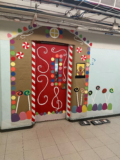 Door decorated like a gingerbread house
